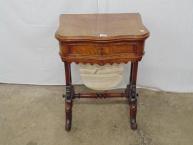 Victorian walnut sewing/card table having shaped top and single drawer opening to reveal