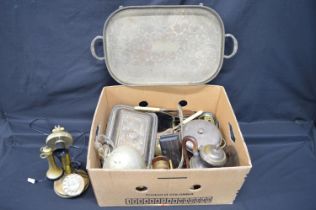 Box of metalware etc to include: candlestick telephone, silverplated ware and horse brasses etc