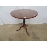 Mahogany circular tripod table standing on a turned column with splay legs - 26.5" dia x 28" tall