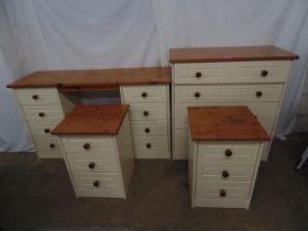 Modern bedroom suite all with pine tops and knobs with a cream finish to bases and drawers to