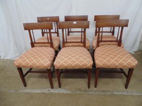 Set of six Georgian mahogany upholstered dining chairs with inlaid square tapering front legs and