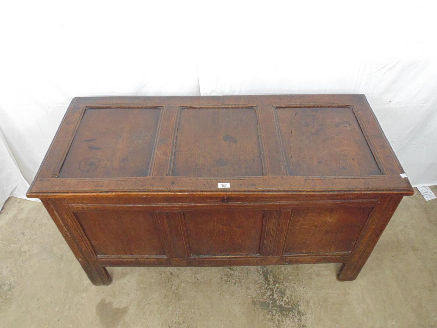 19th century oak coffer having three panel top and front, standing on square legs - 51.25" x 22.5" x - Image 2 of 3