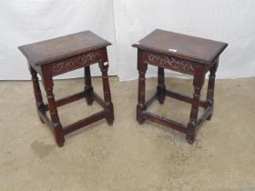 Pair of oak 19th century joint stools with carved friezes, standing on tuned stretchered legs ending