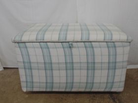 Recently upholstered ottoman with painted wooden interior on castors - 37.25" x 20.25" x 23" tall