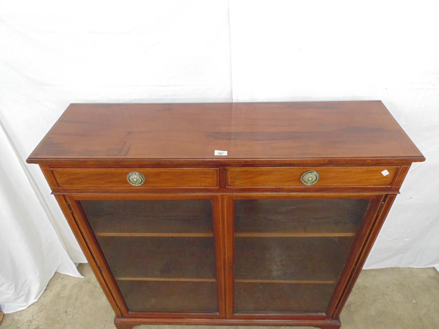 Inlaid mahogany glazed display case having two drawers over two doors enclosing two shelves, - Image 3 of 3