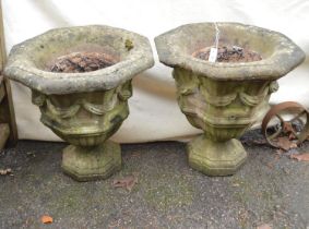 Pair of 20th century octagonal garden urns decorated with swags - 22" x 22.5" tall Please note