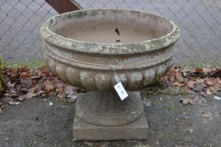 Single 20th century concrete garden urn of shallow proportions with gadrooned bowl and standing on