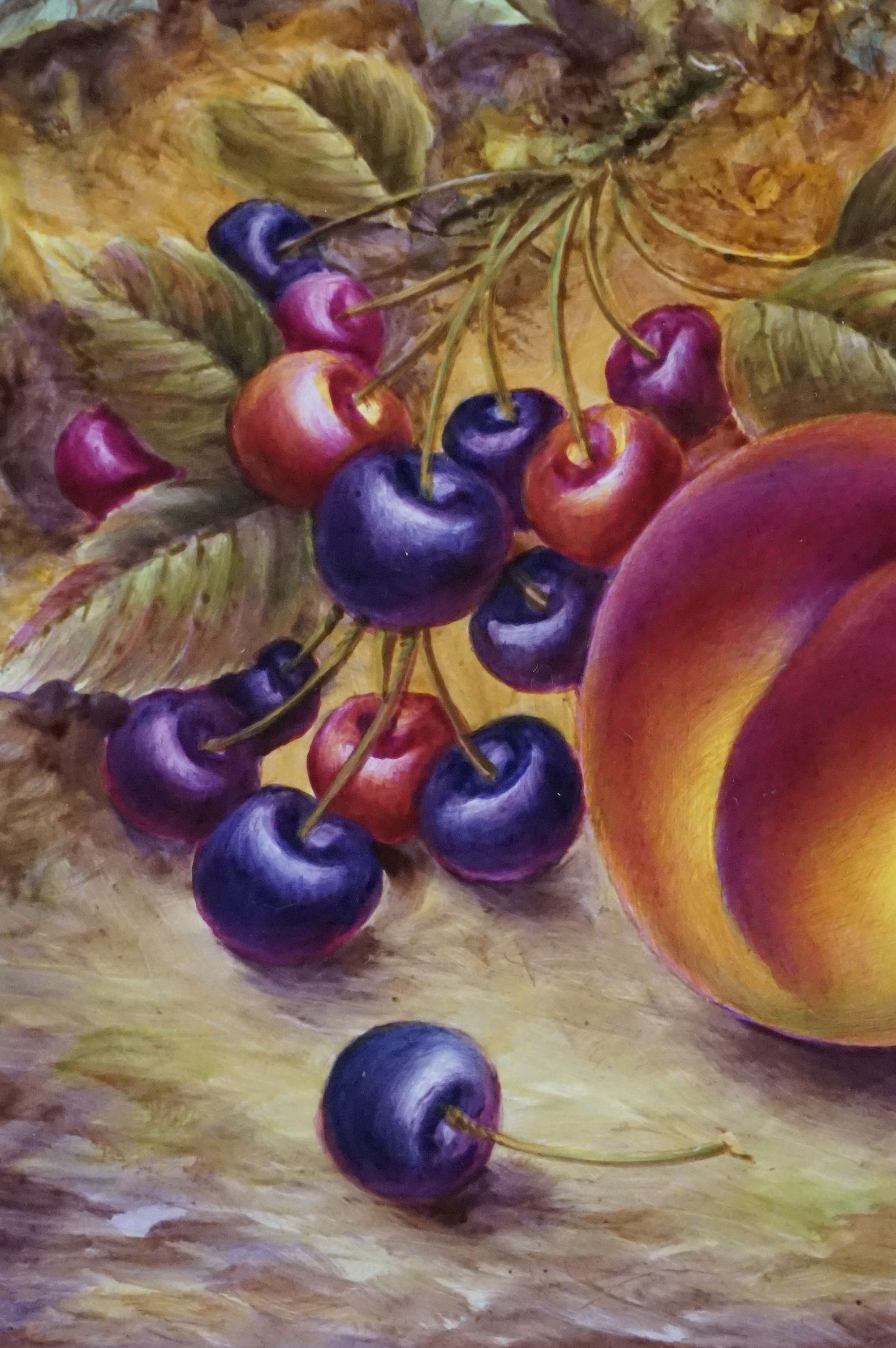 Royal Worcester Artist Nigel Creed hand-painted rectangular plaque of still life peaches, cherries - Image 3 of 7