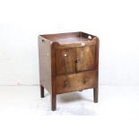 George III Mahogany Nightstand, the gallery top with pierced handles over a pot cupboard with drawer