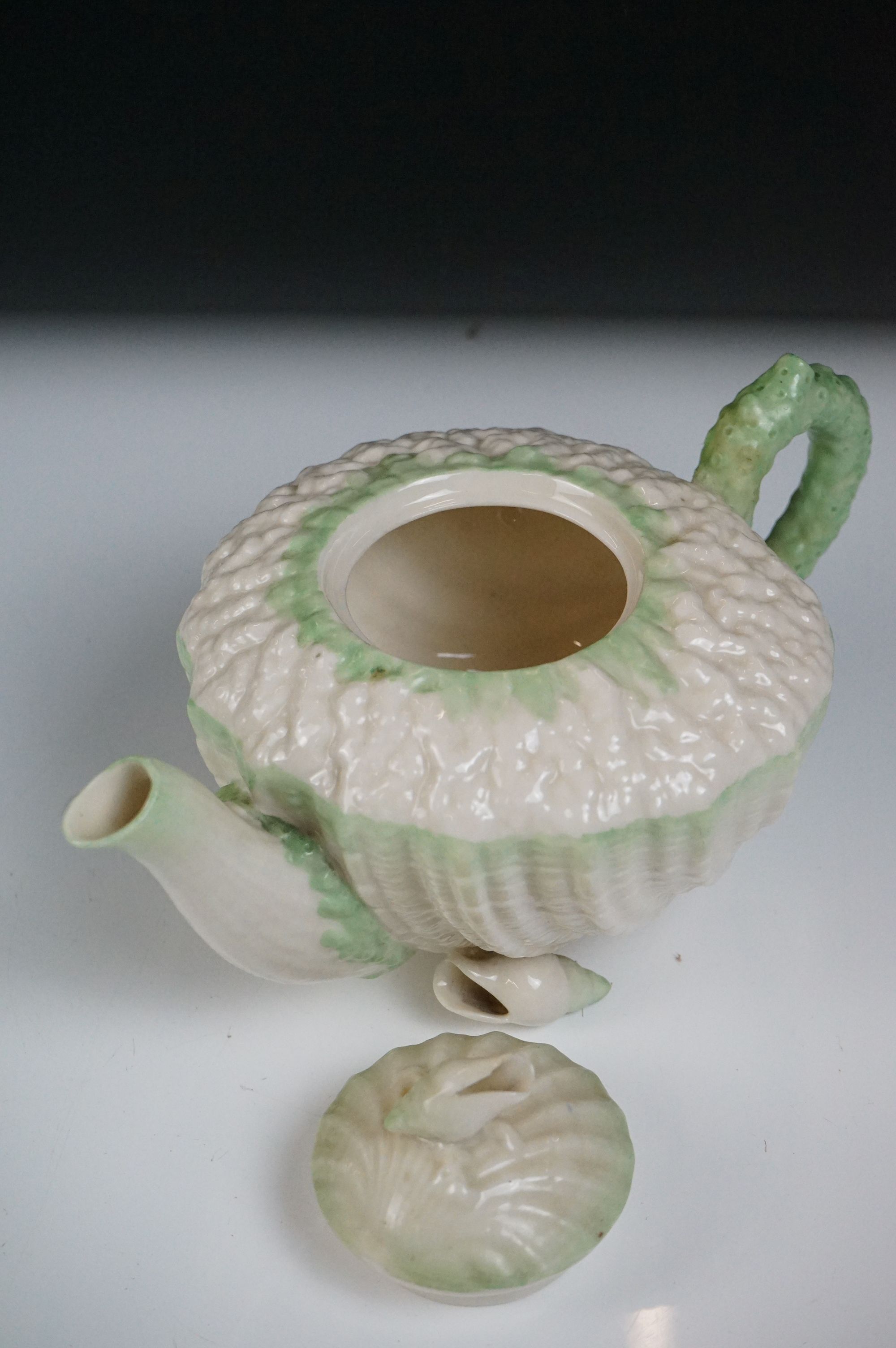 Belleek porcelain tea ware comprising Green Neptune pattern (teapot & cover and milk jug), 2 teacups - Image 10 of 15