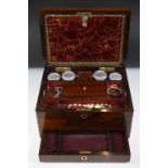 Victorian rosewood dressing table vanity box with brass inlay to the hinged lid, opening to reveal