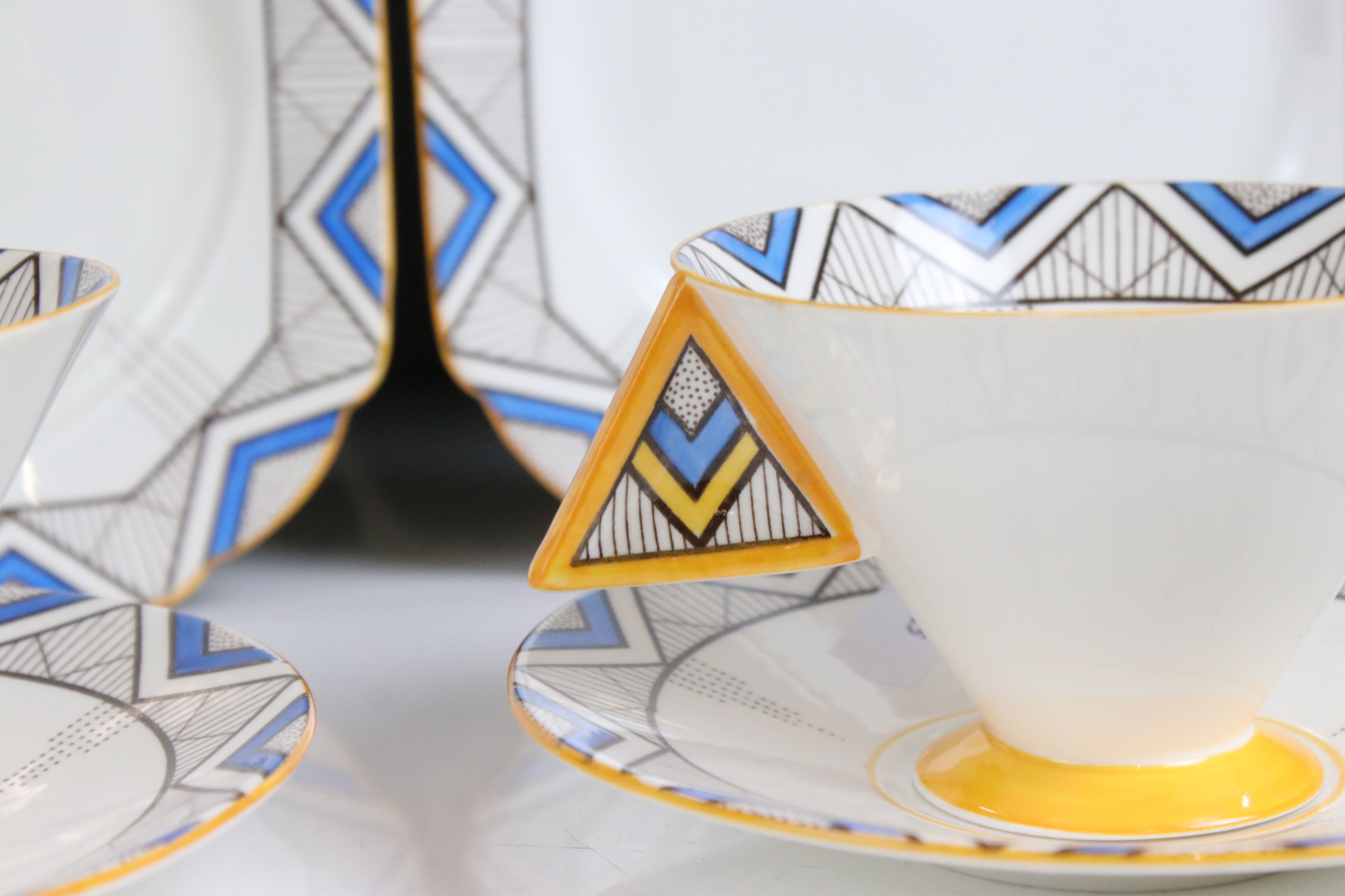 Two Shelley Vogue shaped ' Blue Chevron ' pattern trios comprising 2 teacups, 2 saucers and 2 tea - Image 2 of 10