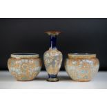Doulton Lambeth Slaters Patent pair of ovoid vases with floral decoration on a textured ground, 9.