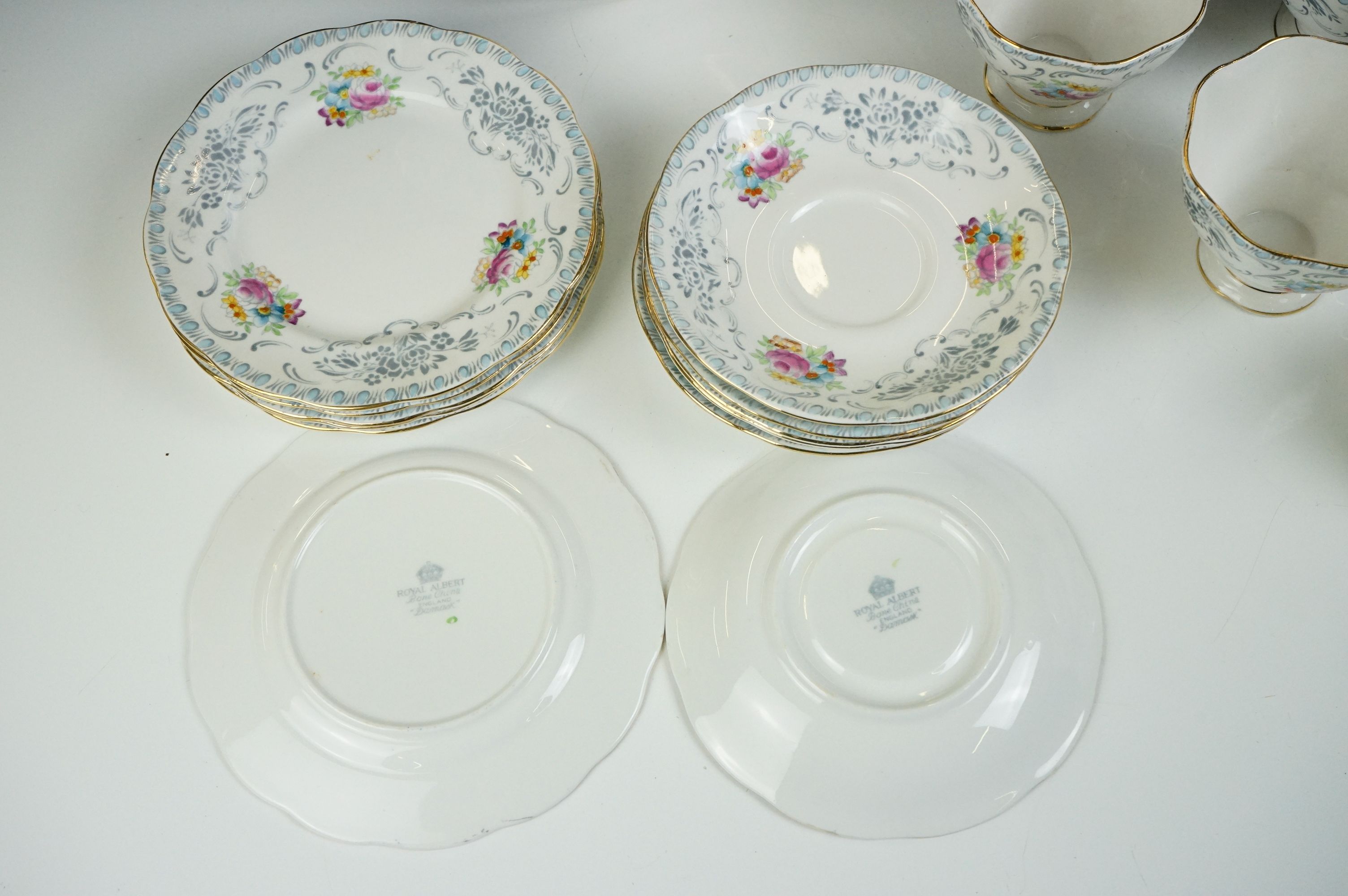 Royal Albert ' Domask ' pattern tea set, blue trio pattern no. 2693, Malvern shape, comprising 6 - Image 8 of 10