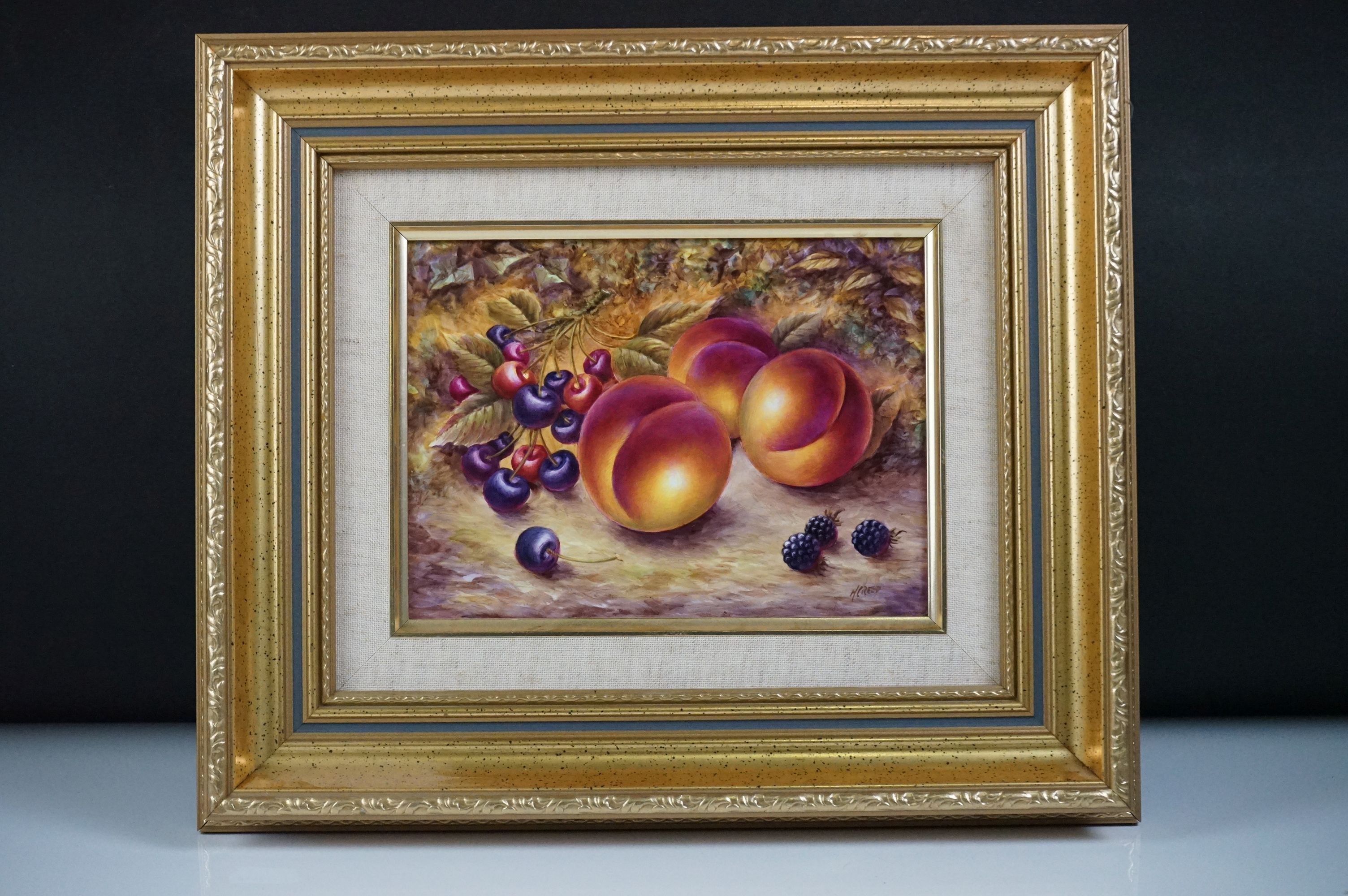 Royal Worcester Artist Nigel Creed hand-painted rectangular plaque of still life peaches, cherries