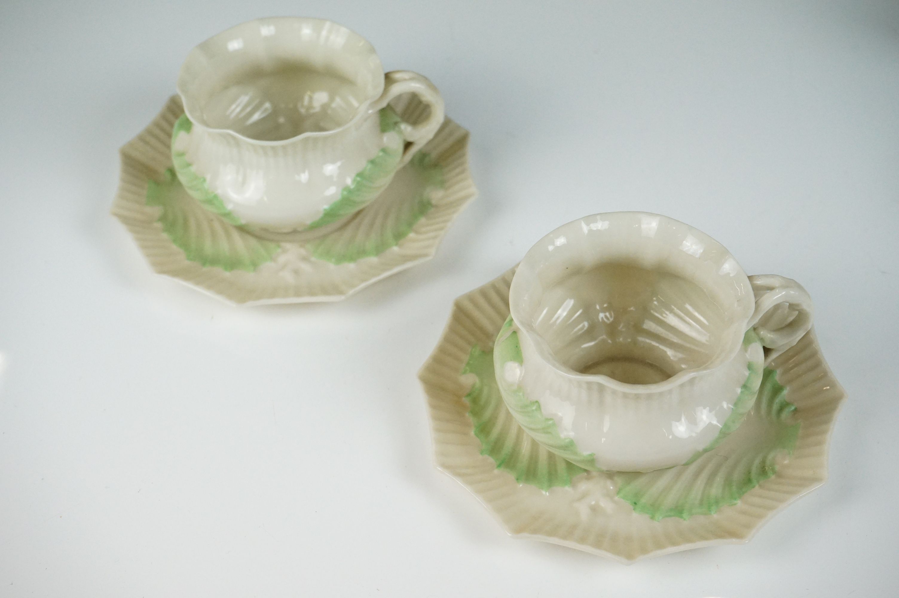 Belleek porcelain tea ware comprising Green Neptune pattern (teapot & cover and milk jug), 2 teacups - Image 12 of 15