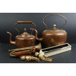 A small group of mixed collectables to include to copper kettles, a copper bugle and a silver plated