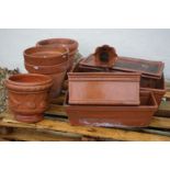 Collection of Ten Clay Garden Plant Pots, rectangular and circular plus two clay trays