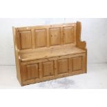 Pine Hall Bench, the box seat with hinged lid, 119cm long x 35cm deep x 89cm high