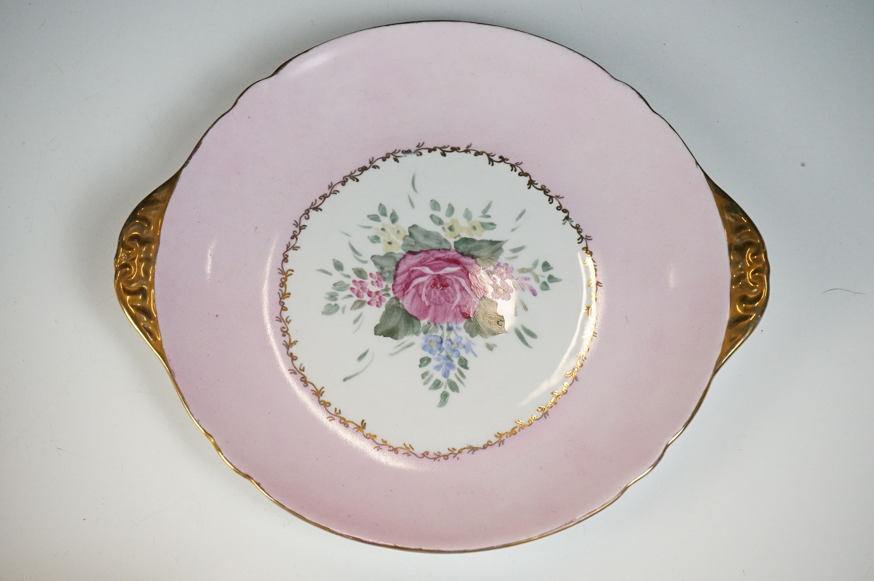 Early 20th Century Shelley hand painted floral tea ware on pink and white ground, with gilt - Image 10 of 12