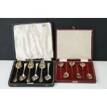 A cased set of six fully hallmarked sterling silver tea spoons together with a cased set of six