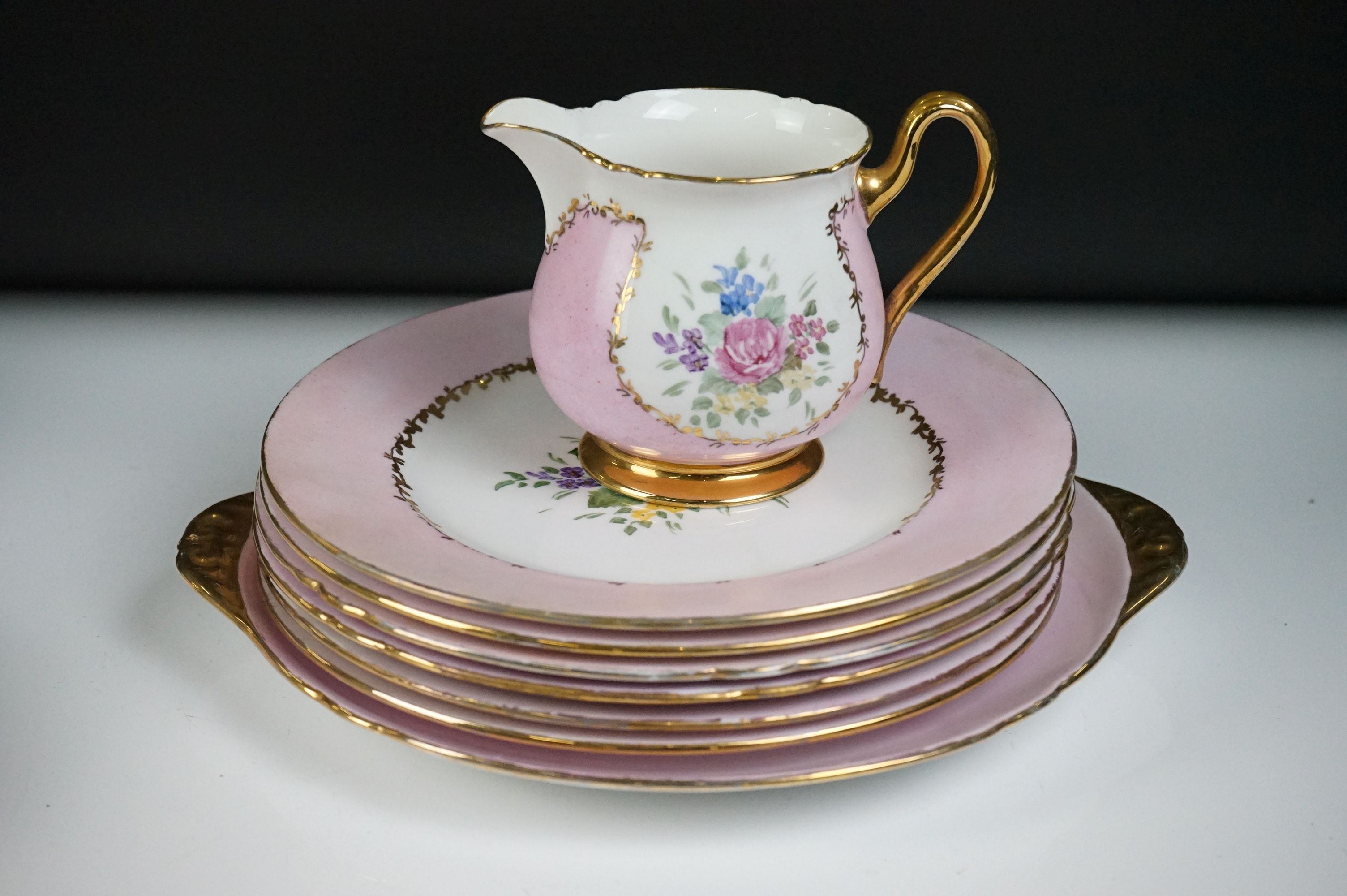 Early 20th Century Shelley hand painted floral tea ware on pink and white ground, with gilt - Image 8 of 12
