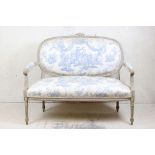 French Distressed Painted Settee with blue and cream toile de jouy upholstery, 118cm long x 58cm