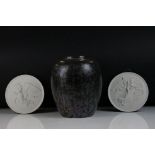 Poole Pottery Black Calypso lustre pattern ovoid vase, 21cm high, together with a pair of Royal