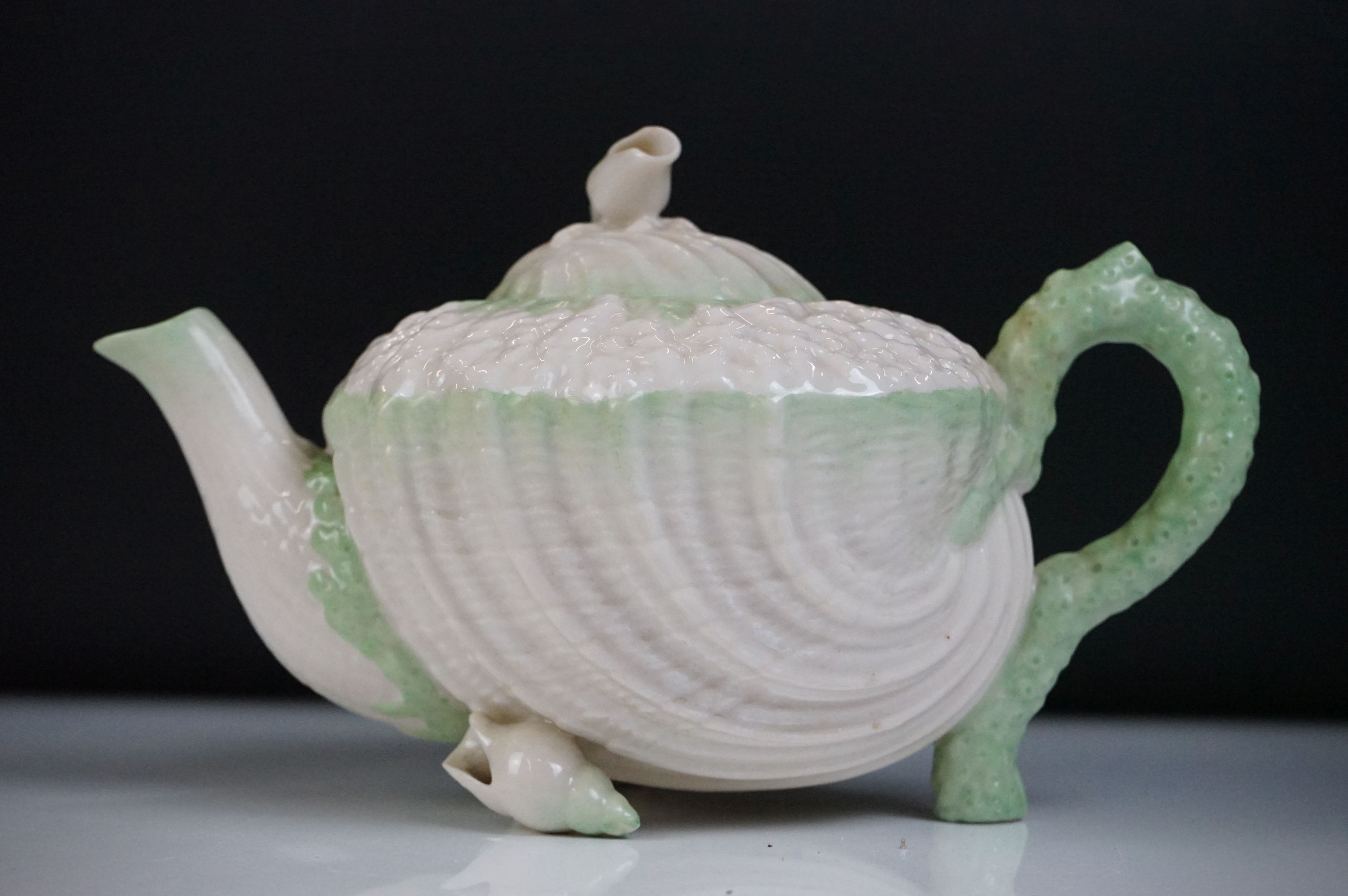 Belleek porcelain tea ware comprising Green Neptune pattern (teapot & cover and milk jug), 2 teacups - Image 9 of 15