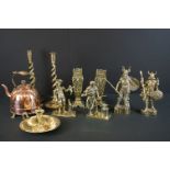 A collection of mixed metalware to include brass candlesticks, brass chamber stick, brass figure,