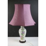 Chinese Famille Rose porcelain vase converted to a table lamp, of baluster form, with floral and