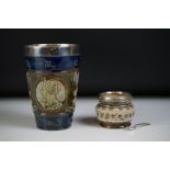 Doulton Lambeth silver rimmed tapering vase with relief portraits of Queen Elizabeth and Prince