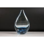 Studio glass handblown teardrop vase, blue decoration, signed EM to base, height approx 17cm
