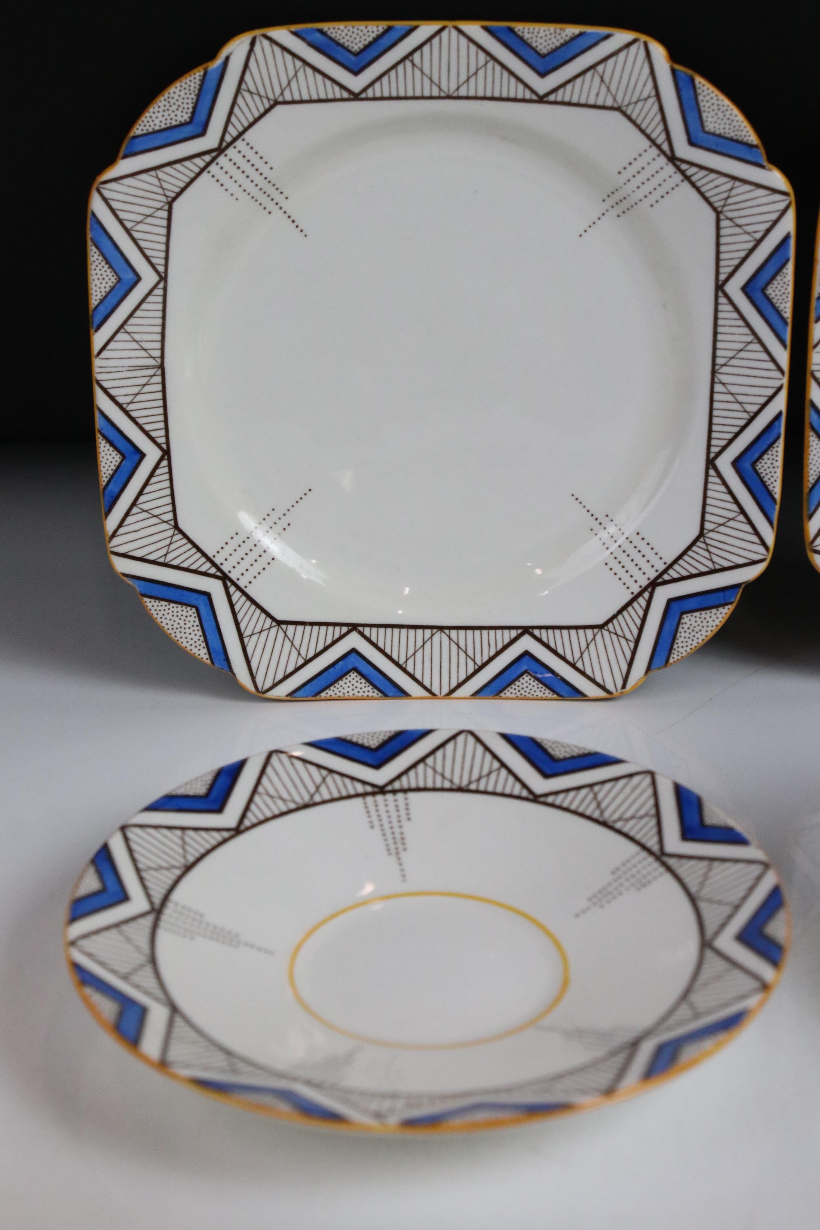 Two Shelley Vogue shaped ' Blue Chevron ' pattern trios comprising 2 teacups, 2 saucers and 2 tea - Image 6 of 10