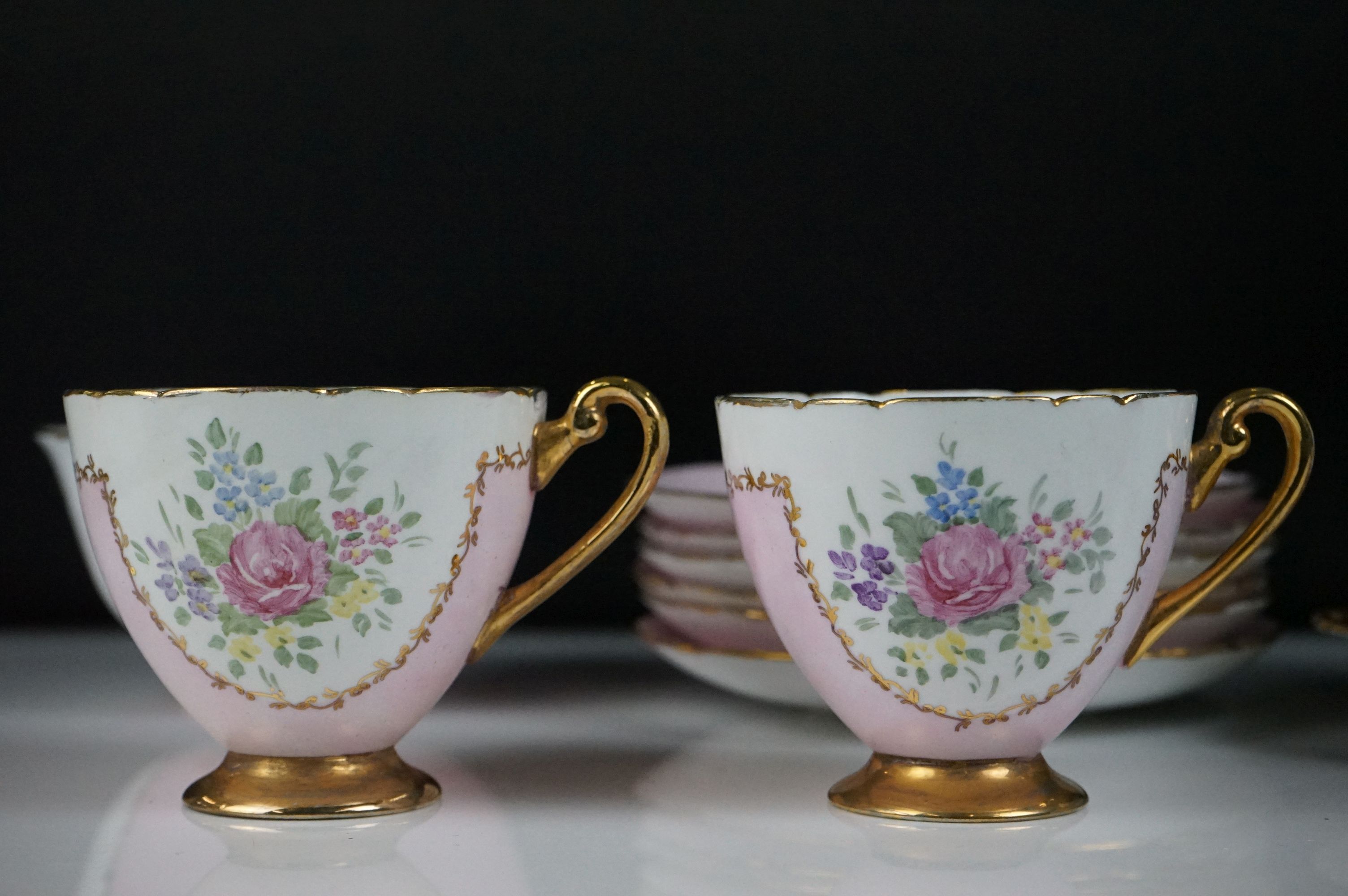 Early 20th Century Shelley hand painted floral tea ware on pink and white ground, with gilt - Image 3 of 12