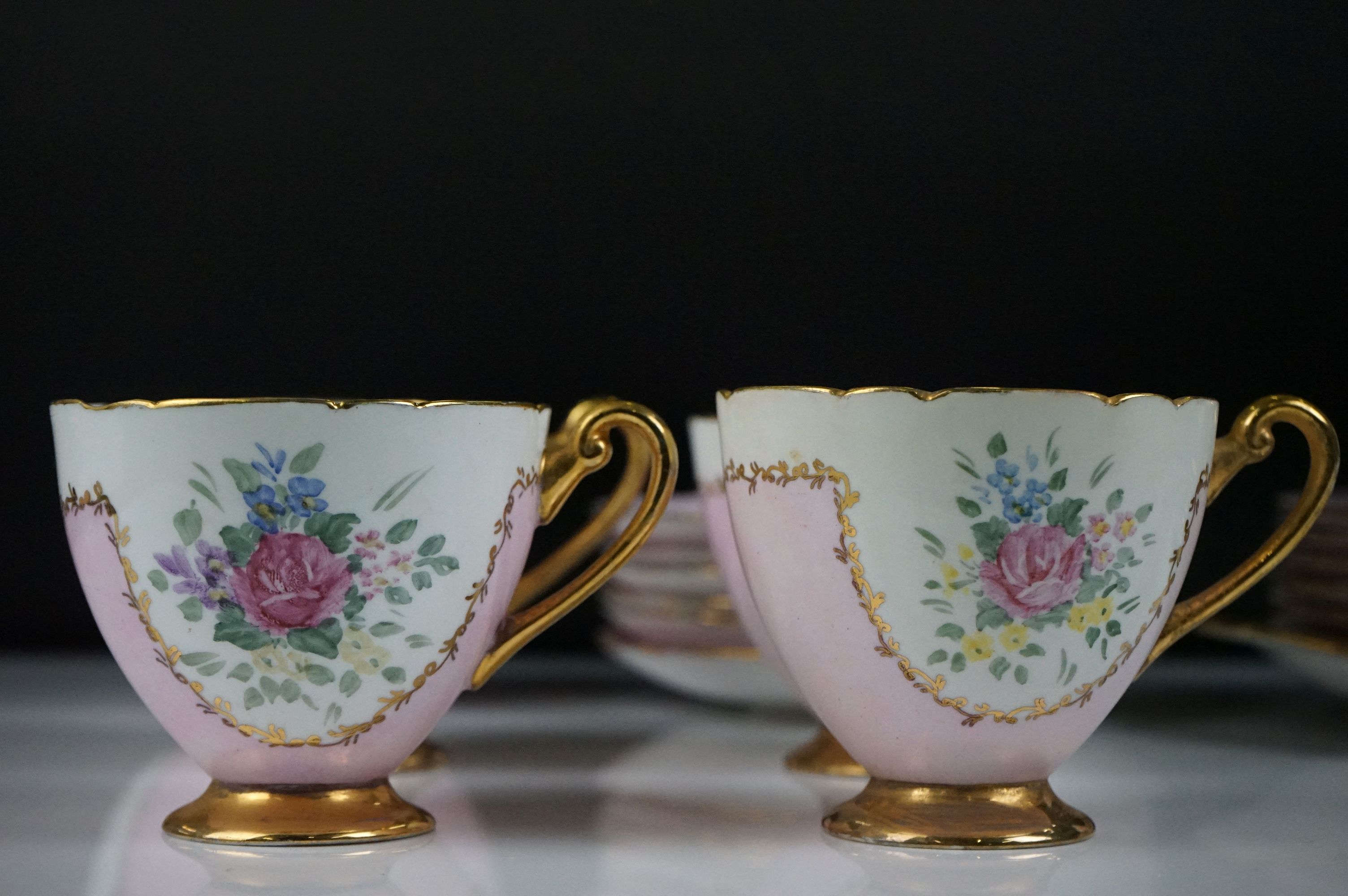 Early 20th Century Shelley hand painted floral tea ware on pink and white ground, with gilt - Image 2 of 12