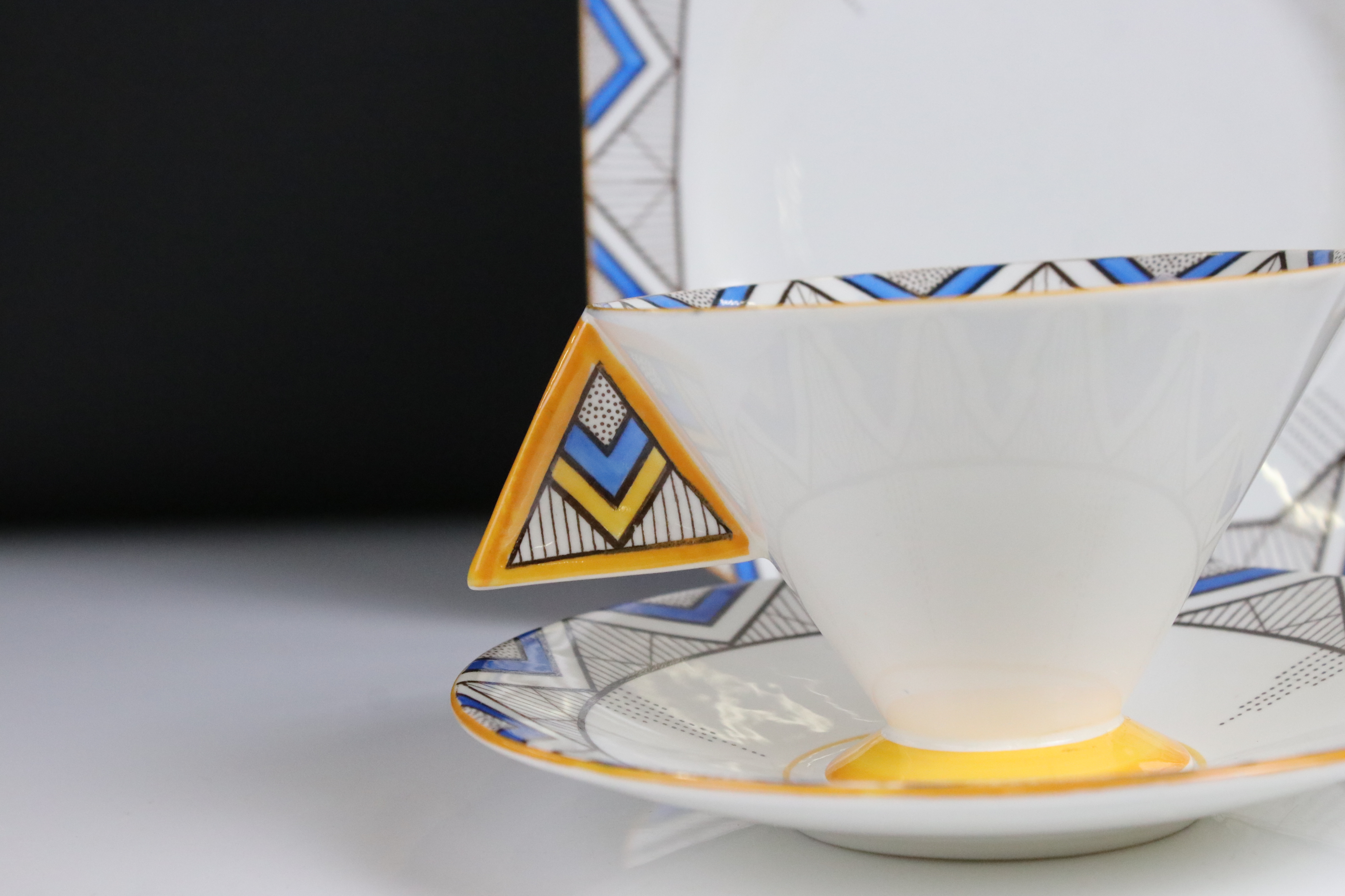 Two Shelley Vogue shaped ' Blue Chevron ' pattern trios comprising 2 teacups, 2 saucers and 2 tea - Image 3 of 10