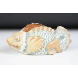 Late Victorian CH Brannam Barham pottery grotesque fish posy vase, with slip glazed decoration,