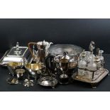 A collection of mixed silver plate to include teapot, cruet set, tray, trophy, cream jug...etc.