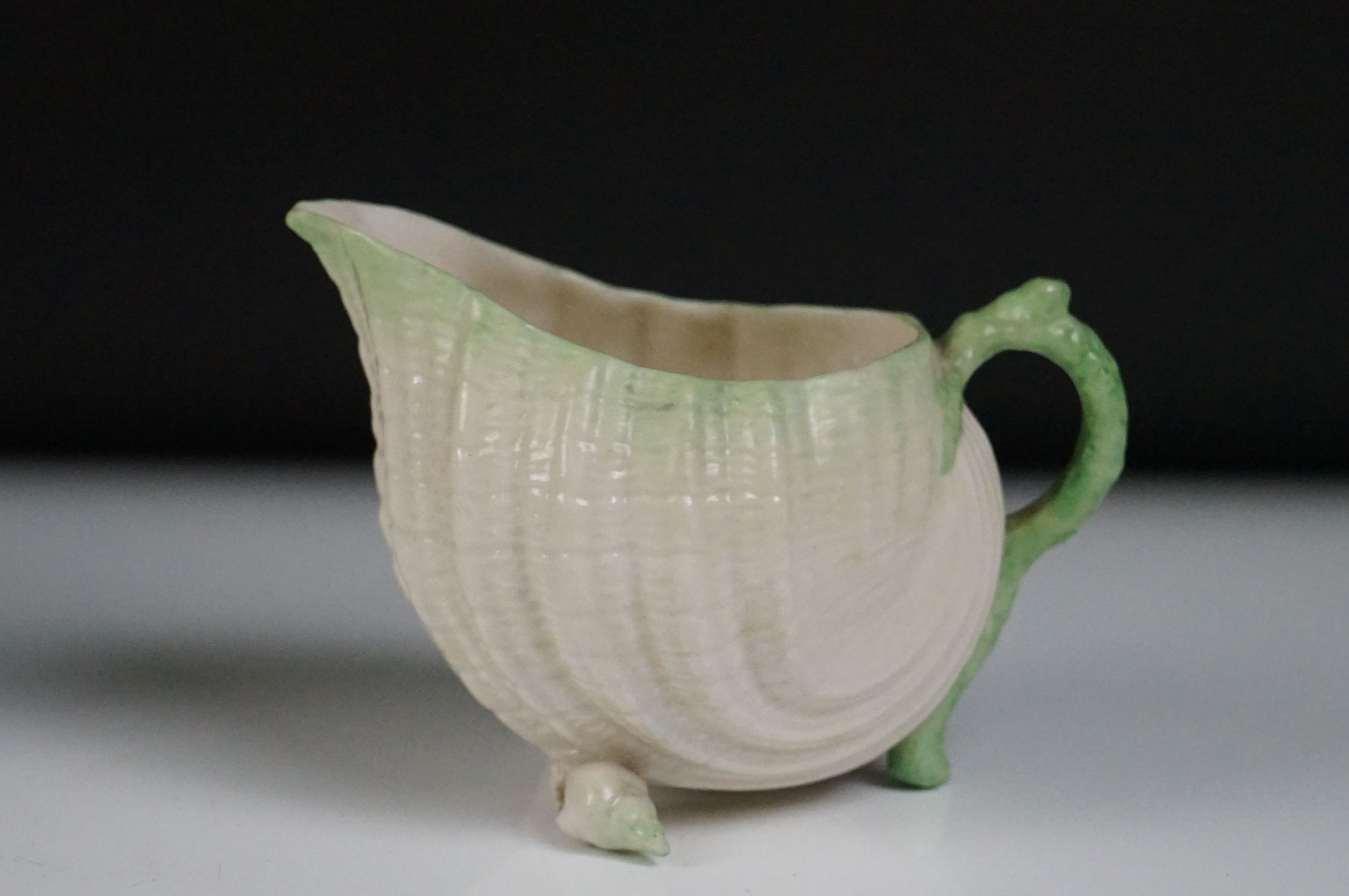 Belleek porcelain tea ware comprising Green Neptune pattern (teapot & cover and milk jug), 2 teacups - Image 6 of 15