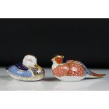 Two Royal Crown Derby bird paperweights to include a Pheasant (approx 17cm long) and Duck, both with