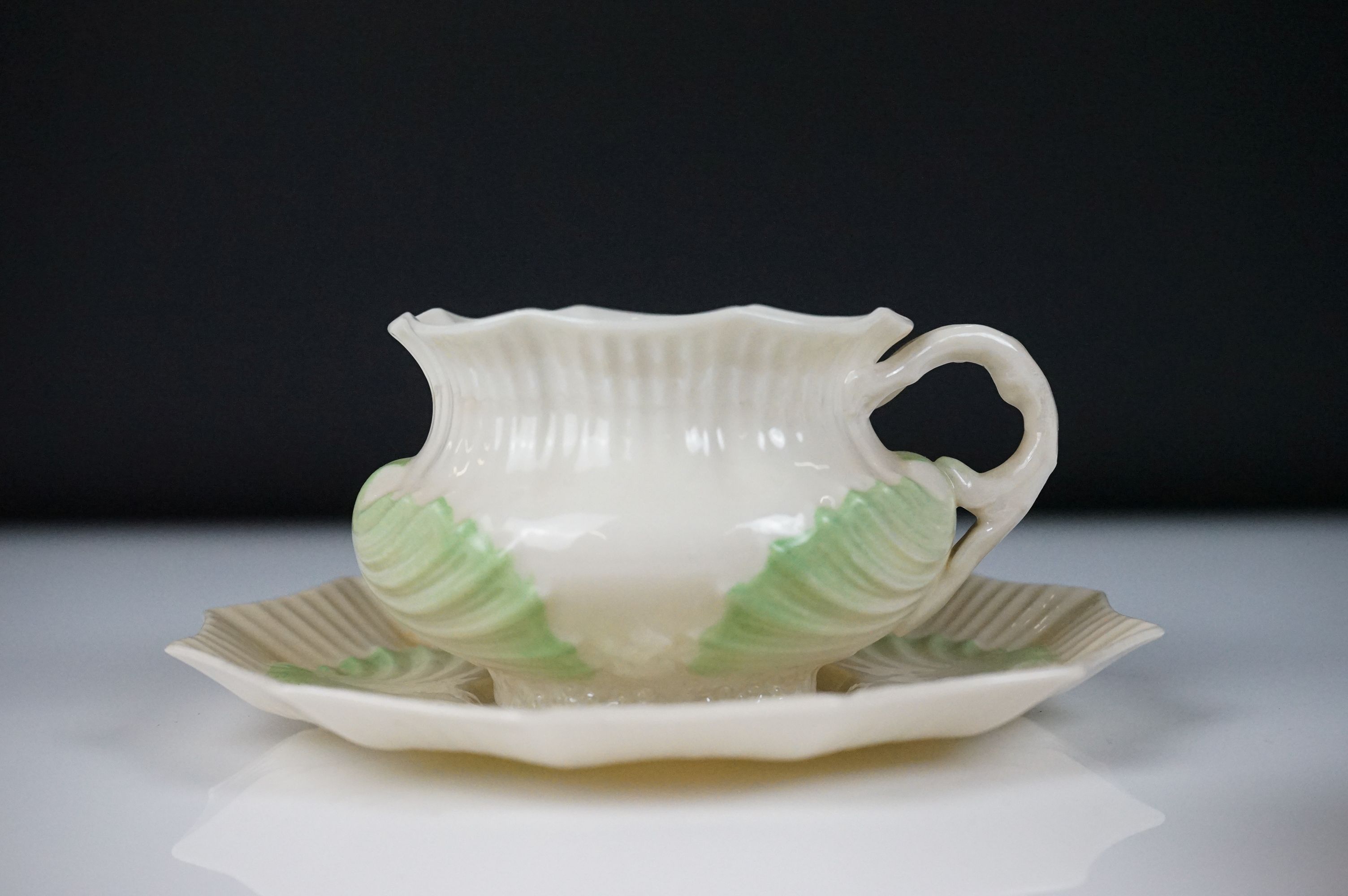 Belleek porcelain tea ware comprising Green Neptune pattern (teapot & cover and milk jug), 2 teacups - Image 13 of 15