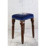 19th century Fruitwood Square Tall Stool with needlework upholstered seat and raised on turned and
