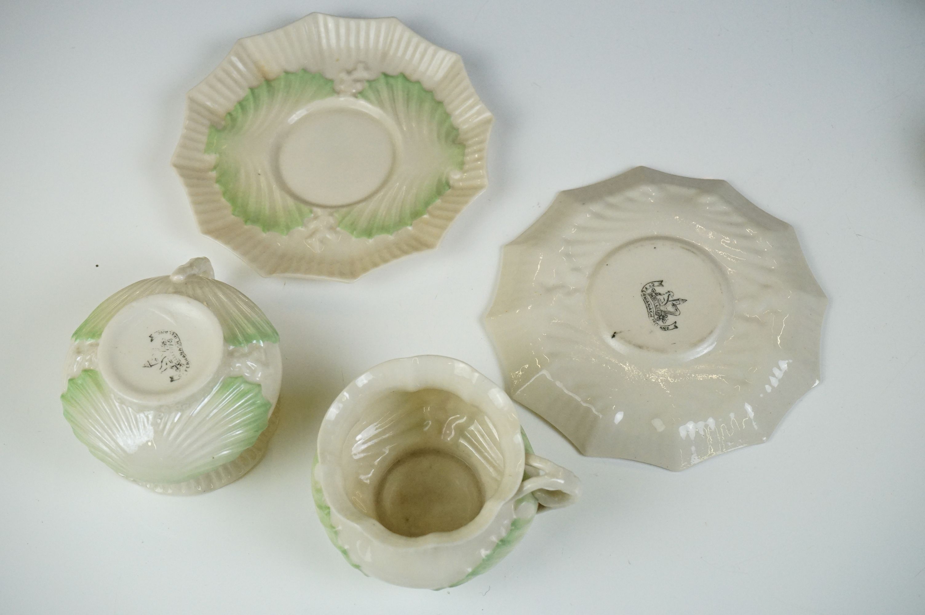 Belleek porcelain tea ware comprising Green Neptune pattern (teapot & cover and milk jug), 2 teacups - Image 14 of 15