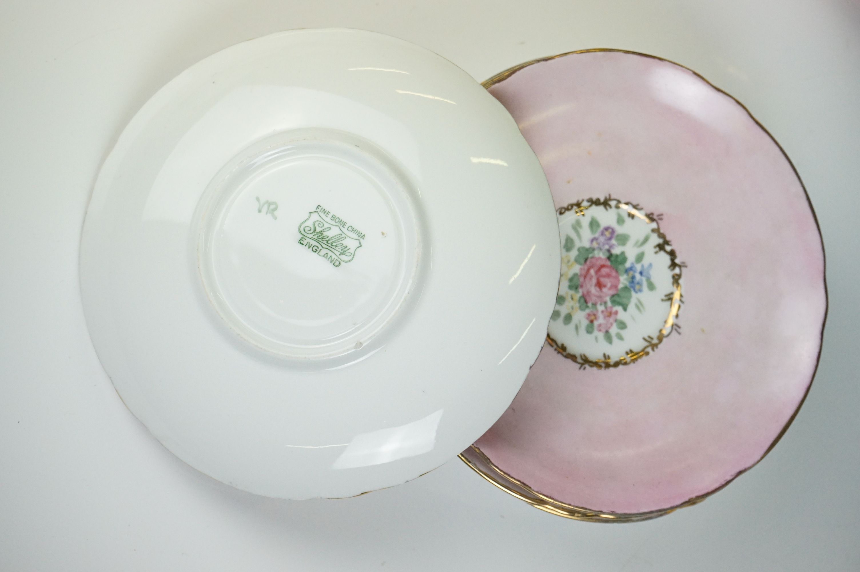 Early 20th Century Shelley hand painted floral tea ware on pink and white ground, with gilt - Image 7 of 12