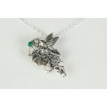 Silver Art Nouveau style winged fairy pendant / brooch, with emerald cabochon