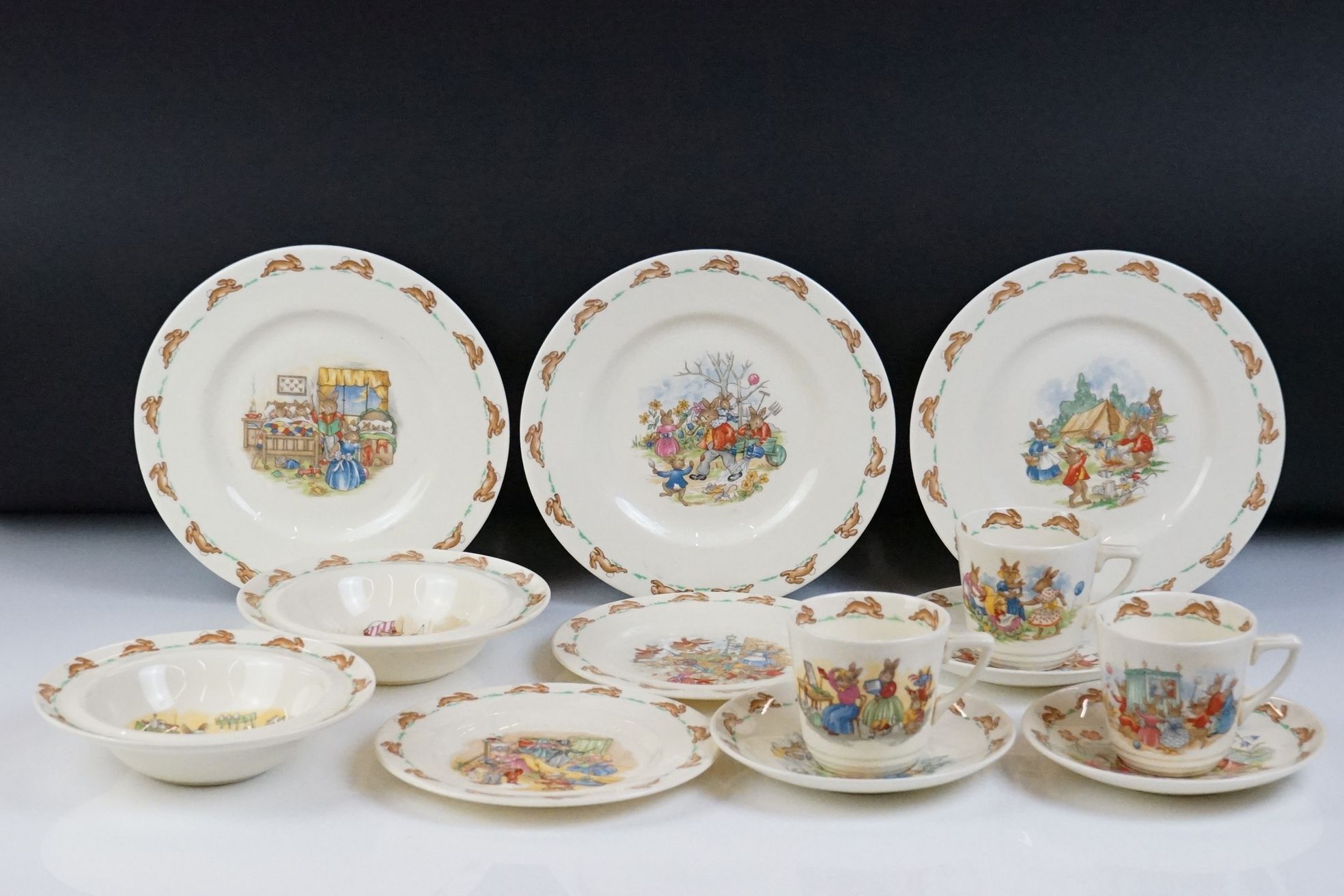 Royal Doulton Bunnykins ceramics, 13 items, to include 3 teacups & saucers, 2 tea plates, 3 lunch