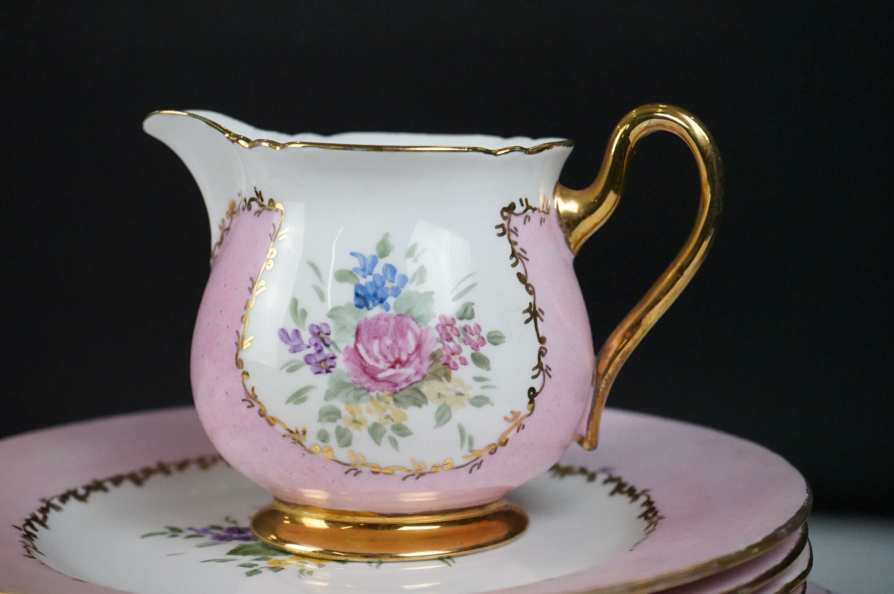 Early 20th Century Shelley hand painted floral tea ware on pink and white ground, with gilt - Image 9 of 12