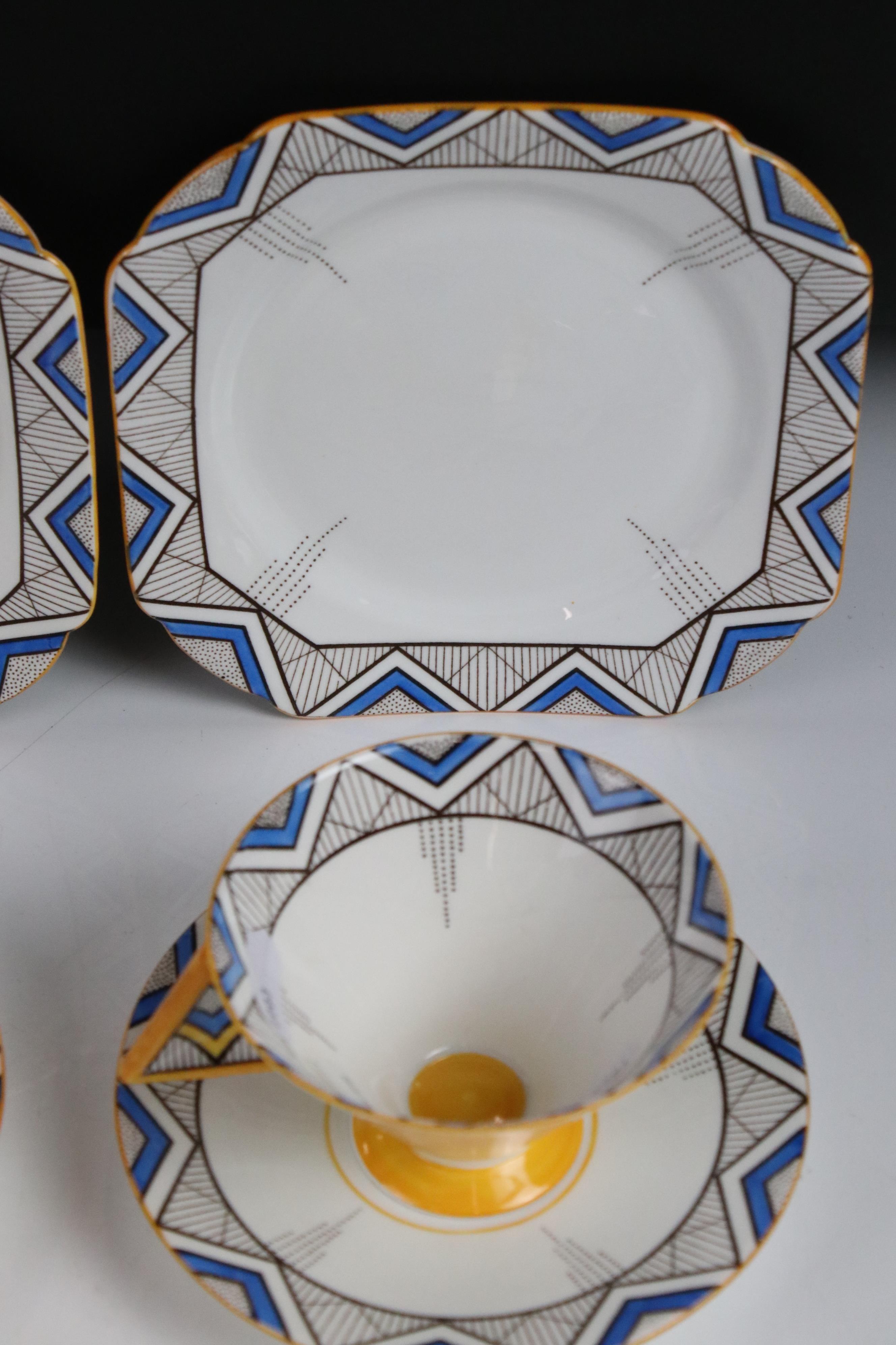 Two Shelley Vogue shaped ' Blue Chevron ' pattern trios comprising 2 teacups, 2 saucers and 2 tea - Image 7 of 10