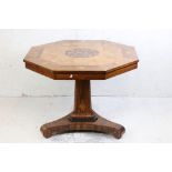 Continental Rosewood, Burr Walnut and Marquetry Inlaid Tilt Top Centre Table, the octagonal top with